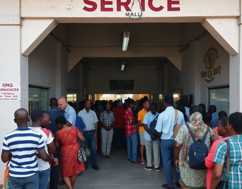 Before — A single line for every transaction type, with the wait piling up at the entrance.
